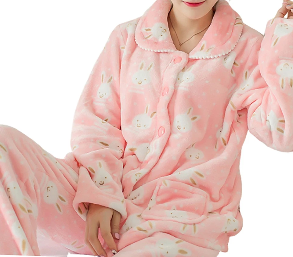 Damen Winter Schlafanzug Set, Flauschig Warm Kuschelig Weich Pyjama Fleece - Bild 2 von 4