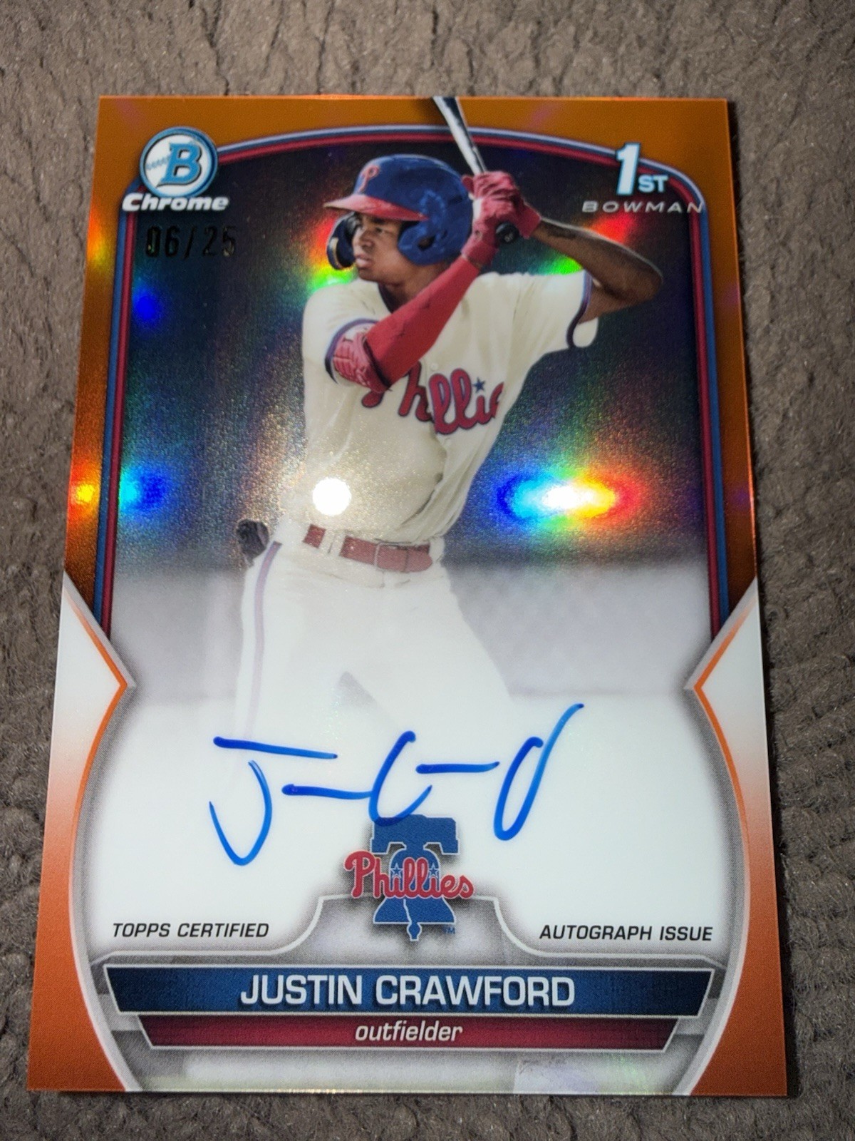 2023 Bowman Chrome Baseball Justin Crawford True Orange 1st Prospect Auto #06/25