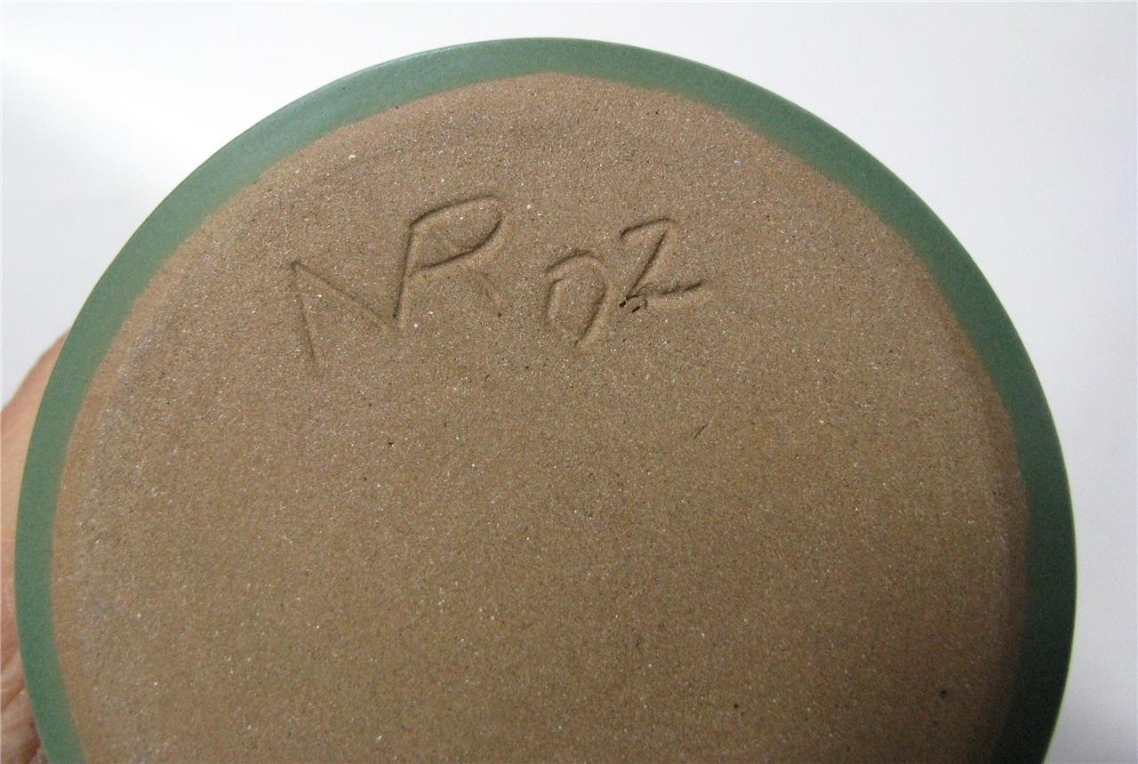 Studio Art Pottery Arts and Crafts style Matte Green Vase Dragonfly 5" signed