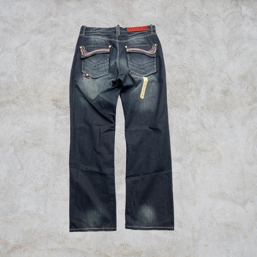 VINTAGE DEADSTOCK Y2K AKADEMIKS EMBROIDERED  EMBROIDERED JEANS DARK WASH BAGGY