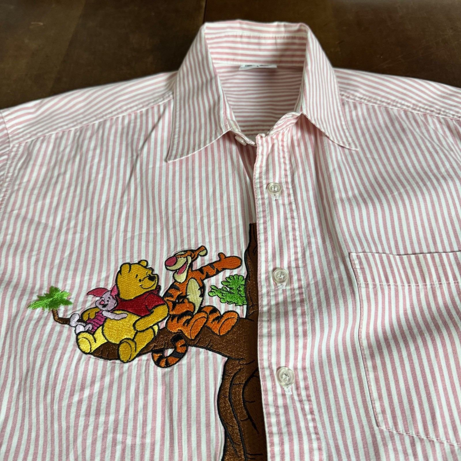 VTG Disney Pooh Button Down Shirt Women L Pink Striped Embroidered Graphic