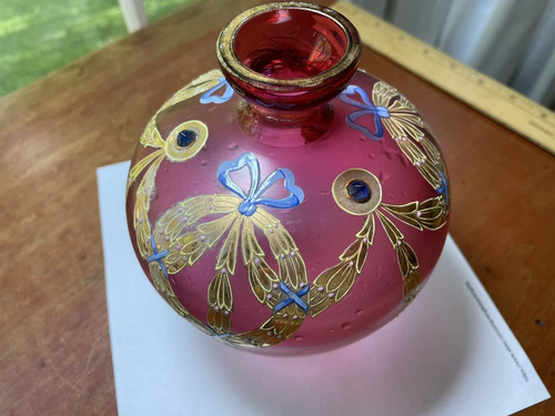 MOSER Antique BOHEMIAN Vase Pink Enameled w/ Gold and Jewels AUSTRIAN - Picture 7 of 10