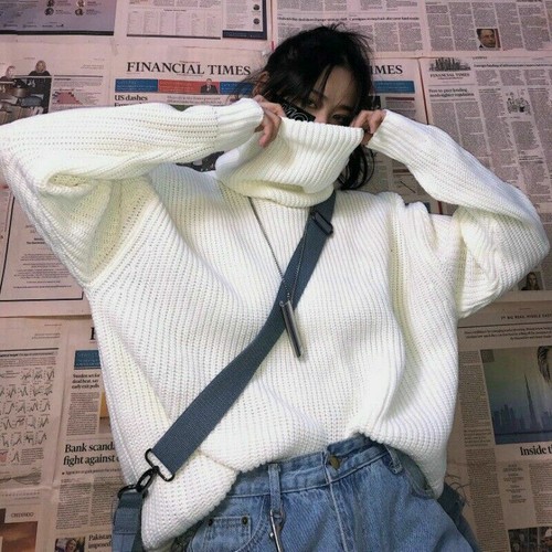 Women Chunky Knit Sweater Jumper Pullover Loose Drop Shoulder High Neck Punk SPW - Picture 9 of 11