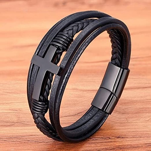 Denzus Men's Braided Leather Cuff Bracelet with Cross. Magnetic Clasp - Picture 2 of 3