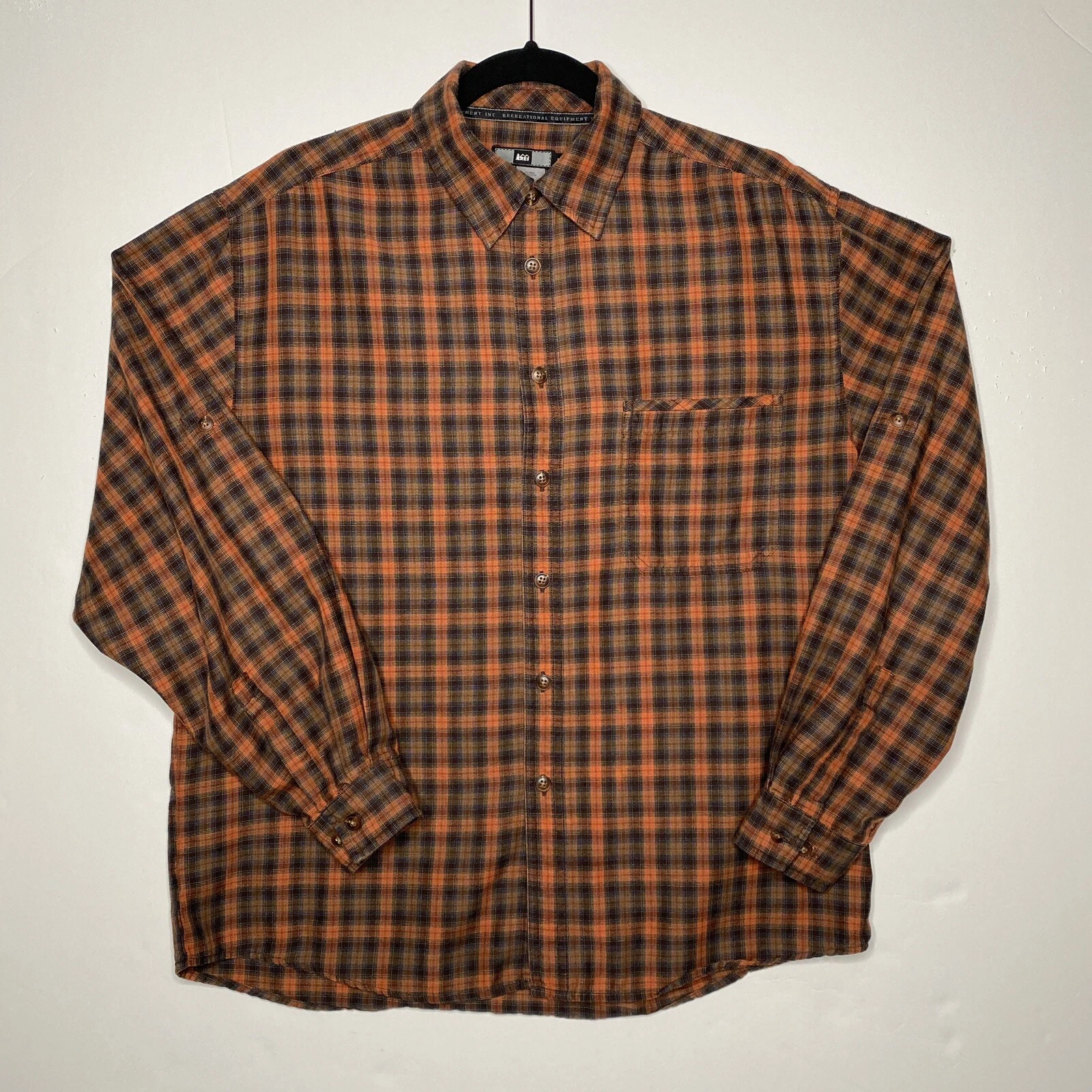 Vintage REI Shirt Adult Medium Orange Tartan Plaid Hiking Roll Tab LS Gorp