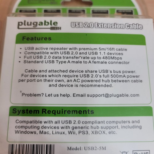 Plugable USB Extension Cable - USB 2.0 16ft (5m), New, in original packaging - Picture 3 of 5