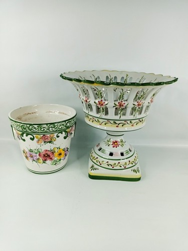 Hand Made Casa Pupo Portuguese Pottery Lattice fruit bowl + a flower pot Floral - Picture 9 of 14