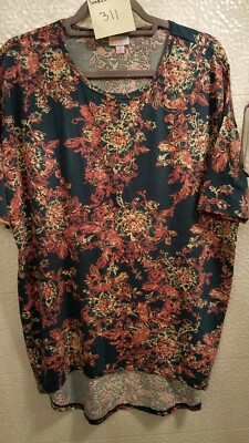 Lularoe Small Irma NWT - Green/Gray Background with Rust & Light Yellow Design