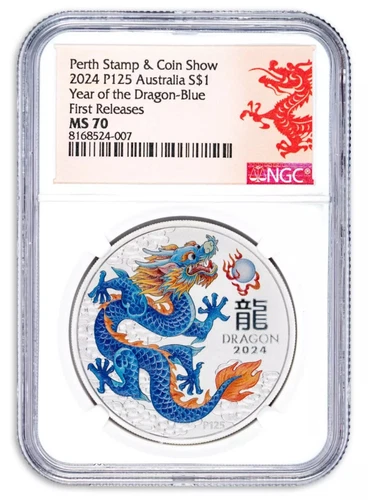 2024 Australia Lunar Dragon 1 oz Silver Colorized BLUE Coin NGC MS70 FR