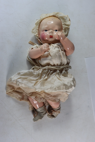 Antique 1930s Composition Baby Doll 12" Marked AM Original Dress & Bonnet bsk