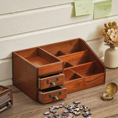 Vintage Desktop Wooden Drawer Vanity Storage Box Cosmestic Makeup Organizer Case