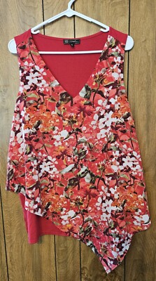DG2 Diane Gilman Asymmetric Sleeveless Floral Over Red Top Lined Blouse Sz 1X  