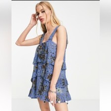 Free People Sunrise Ruffle Mini Dress Blue Womens XS Coquette Romantic Cottage