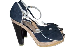 Poetic Licence Black Suede DATE NIGHT Bow Open Toe Pump Heels Stiletto 9.5M Used