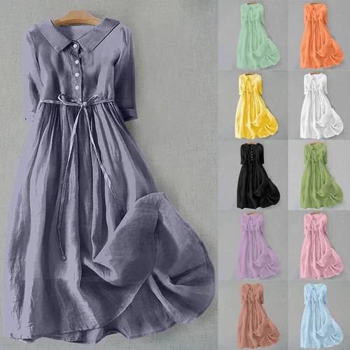¡Vestidos largos informales para mujer con botones de lino de algodón vestido caftán talla grande! - Imagen 4 de 35