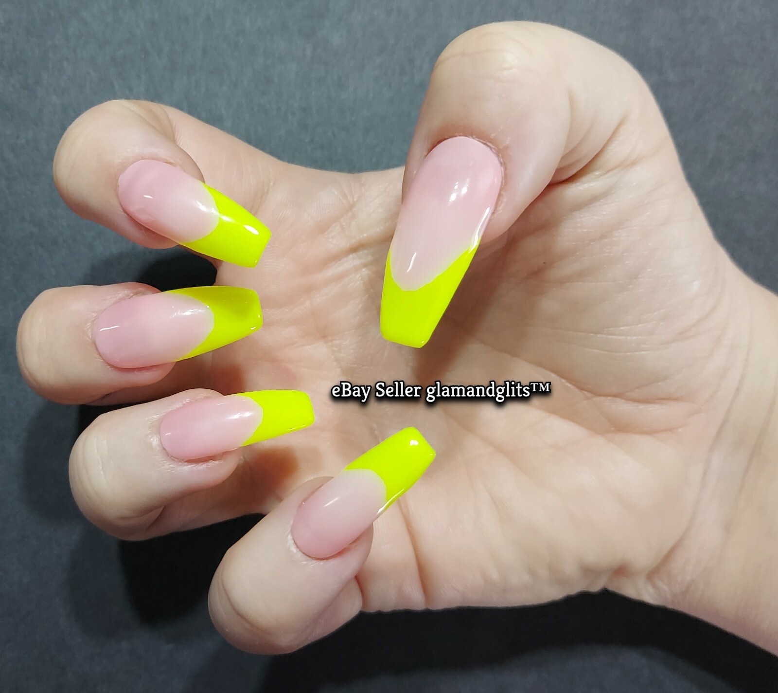 12x Extra Long Coffin French Neon Yellow Hand Painted Gel Press on False  Nails | eBay