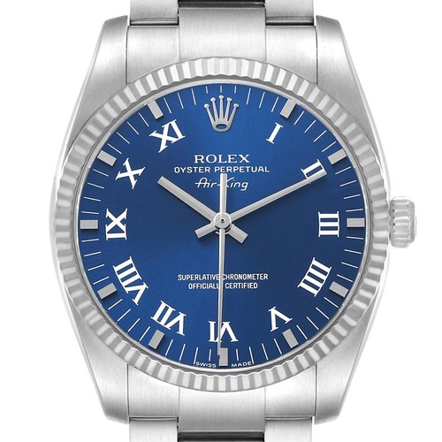 Rolex Air King Blue Roman Dial Steel White Gold Mens Watch 114234