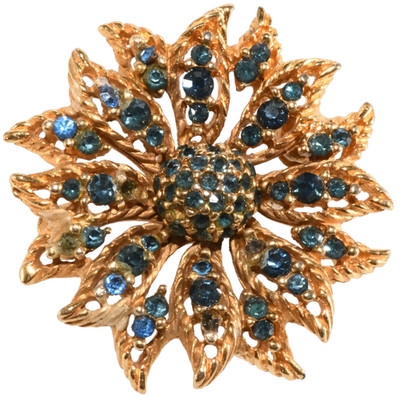 VTG Ciner Petite Flower Pin Blue Rhinestones Brooch