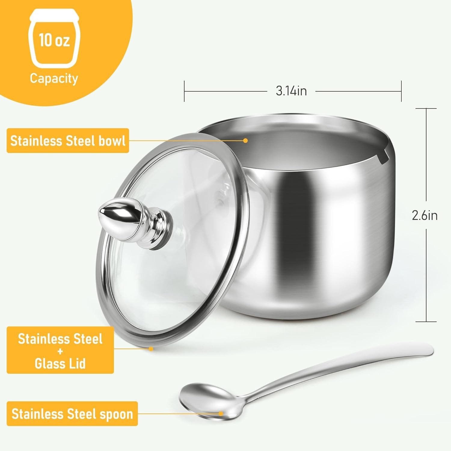 Glass Sugar Bowl w Lid & Spoon 10oz | Coffee Bar Storage | Gold or Silver