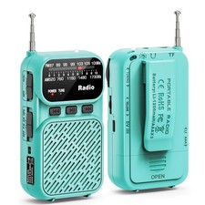 Portable Radio AM FM Blue with Flashlight TF Card Slot Headphone Jack 3AA
