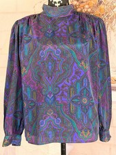 VTG 80’s Stuart Lang Purple Satin Damask Print USA Made LS Tied Neck Blouse 14