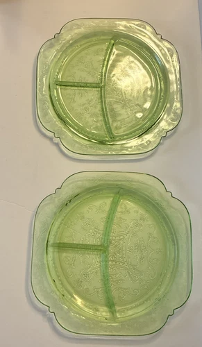 Square Federal Green Uranium Depression Glass Plates Lot Of 2  10 1/2"