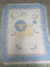Vintage Lion Handmade Baby Quilt 43x28 Pink Blue Flowers