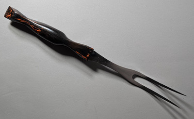 Vintage Cutco N0. 1727 SS 2 Prong Turning Fork. Brown and Orange Swirl Handle