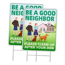 Clean Up After Your Dog Signs, 2 Pack 12"x9" with Metal H-Stakes Be a Good