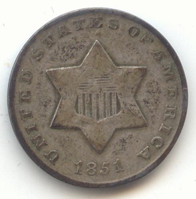 1851 3c Silver, Three Cents, Original VG-Fine