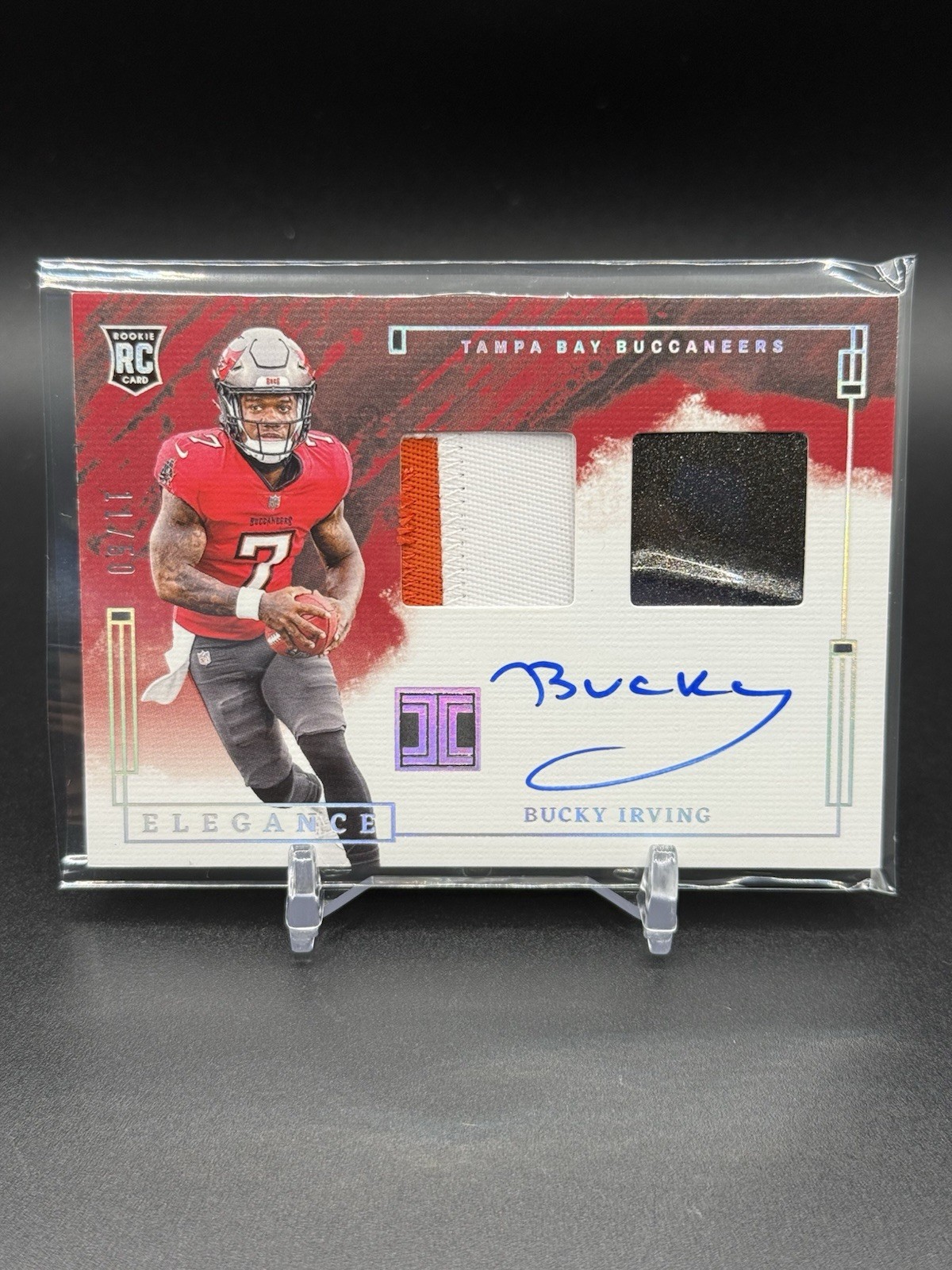 Bucky Irving 2024 Panini Impeccable Elegance Rookie Helment/Patch Auto Silver/50