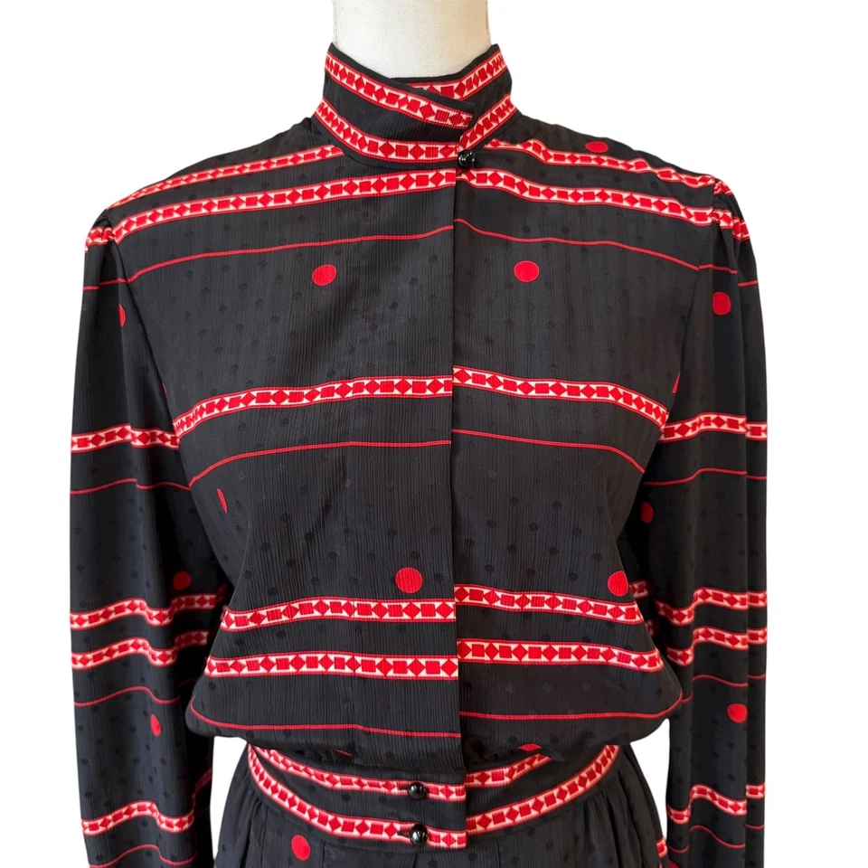 Vintage Albert Nipon Black Red Geometric Polka Dot Executive Dress Size 10 - Image 3 of 4