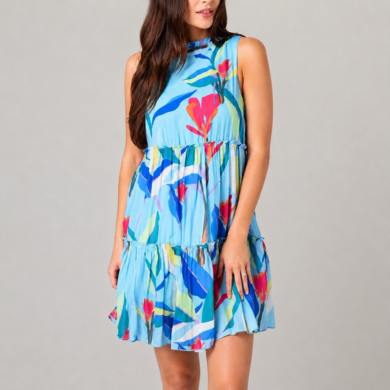 Oliphant Womens S Tiered Midi Dress Silk Cotton Tropical Floral Blue Resort Boho