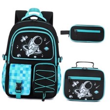 Backpack for Boys, 3PCS Cool Kids Boys Backpack with Lunch Box Blue Astronaut