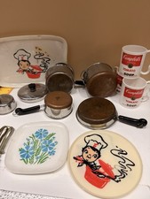 Vintage Pretend Play Toy Kitchen Lot Revere Style Metal Pots Pans Cambells