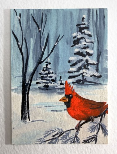 ACEO Original Cardinal Winter Snow Bird Painting jentingting