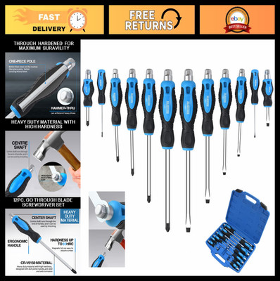 12-Piece Heavy Duty Magnetic Screwdriver Set, Go-Thru Steel Blades, High Torque