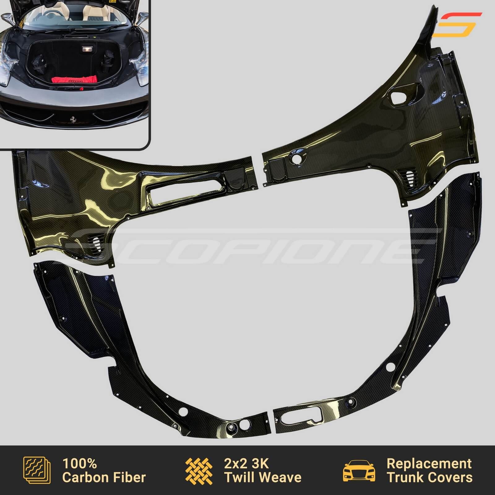 Scopione Carbon Front Bonnet Trunk Hood Covers Kit for Ferrari 458 Italia Spider