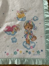 Baby Blanket Lovey Riegel Teddy Beddy Bear Blue Satin Trim Vintage 36  x 45  