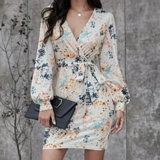 SHEIN Abstract Multicolor Paint Splatter Puff Sleeve Wrap Dress - Women's XS