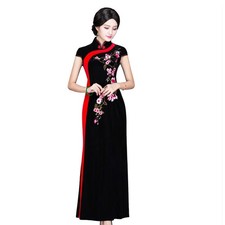 Elegant Velvet Cheongsam Dress with Embroidered Beading - Vintage Chinese Qipao