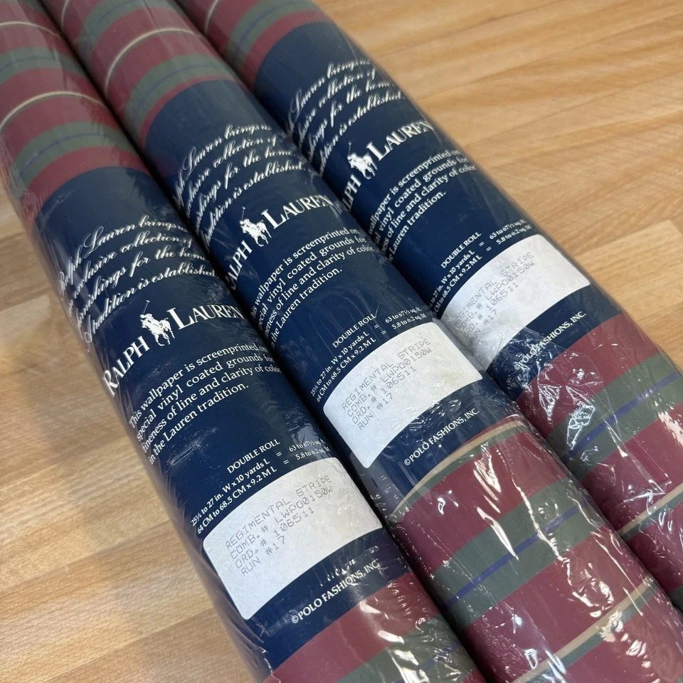 VTG Ralph Lauren Wallpaper 3 Double Rolls Regimental Stripes Red LWPO0150W - NEW - Image 4 of 4
