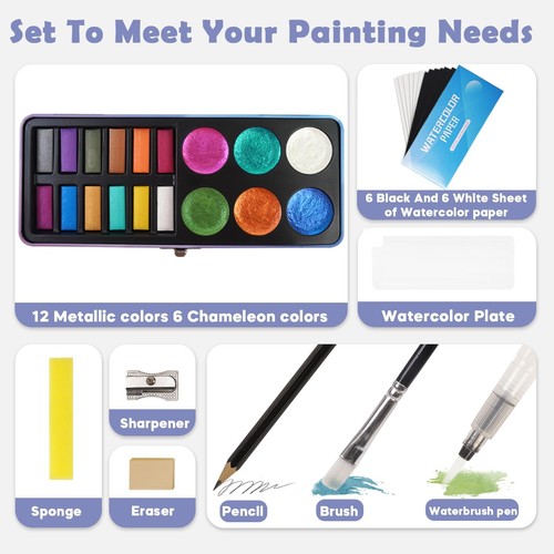 Watercolor Paint Set, 18 Colors Glitter Watercolor Paint Kit (12 Metallic & 6... - Picture 2 of 8