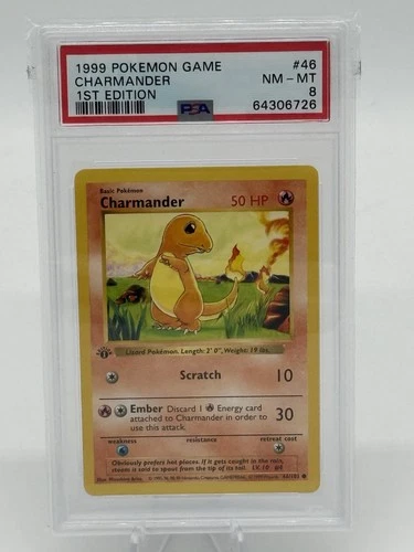 1999 Pokémon Charmander 46/102 Base Set Shadowless 1st Edition PSA 8