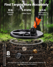 8" Metal Detector for Adults Gold Finder IP68 Coil w/ Headphones 3 Modes