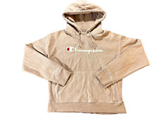Champion Reverse Weave Womens Beige Fleece Crop Pullover Hoodie Streetwear L Y2k