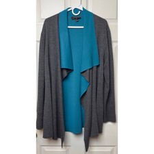 ST JOHN Women's XL Gray Teal Drape Front Waterfall Cardigan Sweater FLAW