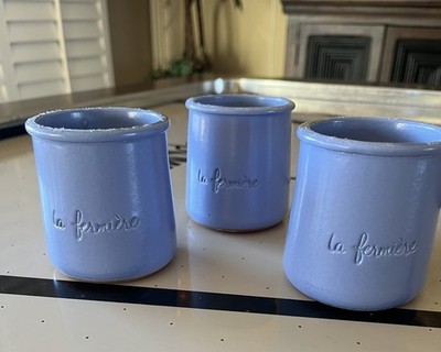 La Fermiere Glazed Terra Cotta Pottery Yogurt Pots Periwinkle Blue Set Of 3