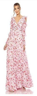 Ieena Mac Duggal 55906 Sz 12 Pink Ruffle Sleeve Floral Print Gown