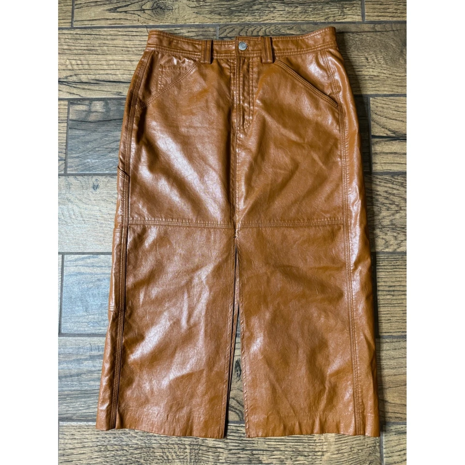 A.L.C. Brown Faux Leather Midi Skirt Front Slit Utility Pockets Size 6 - Image 3 of 4